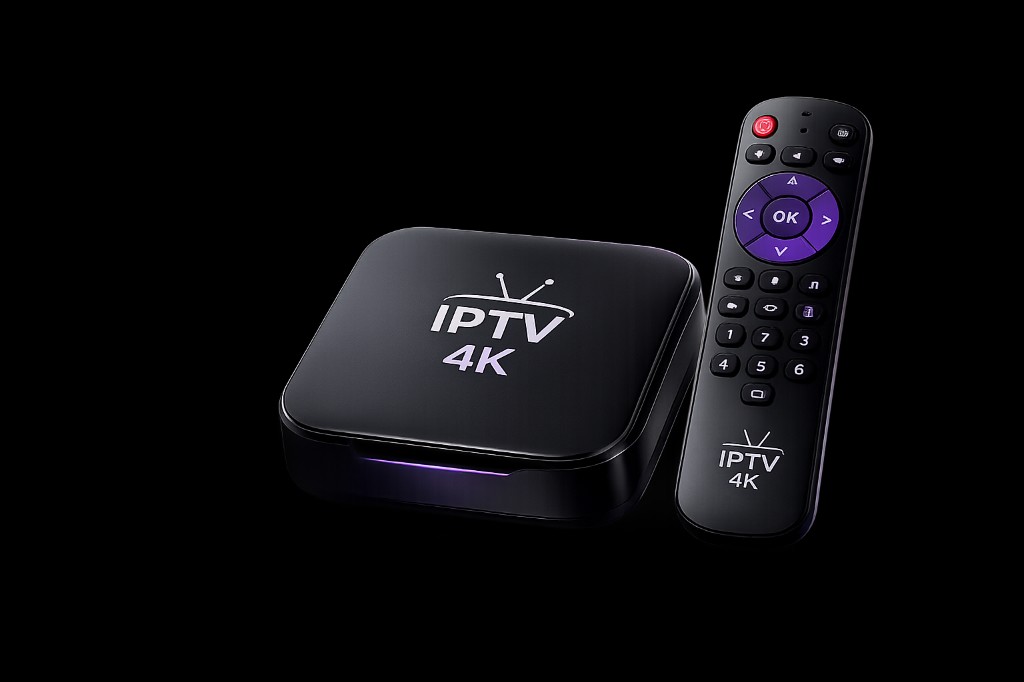 FranceIPTV1 Android TV Box 4K Premium avec télécommande, fond noir, bandeau LED violet